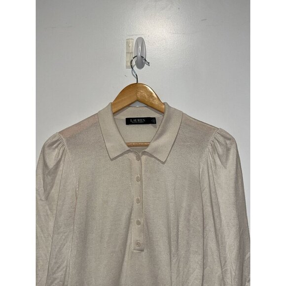 Lauren Ralph Lauren Cream Puff Sleeve Collared Knit Sweater Medium Womens - Picture 3 of 7